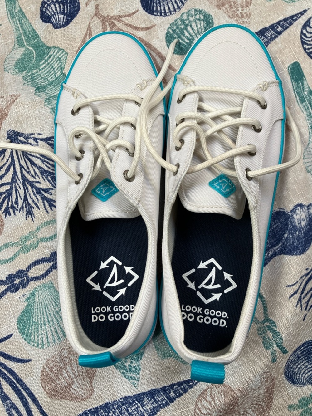 Sperry White Canvas Sneakers with Teal Trim